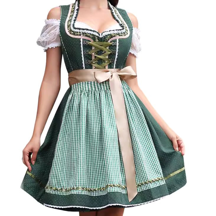 Poppy | Women's Bavarian Check Dress with Lace Corset Detail, Midi Oktoberfest Dress | Bella Blue