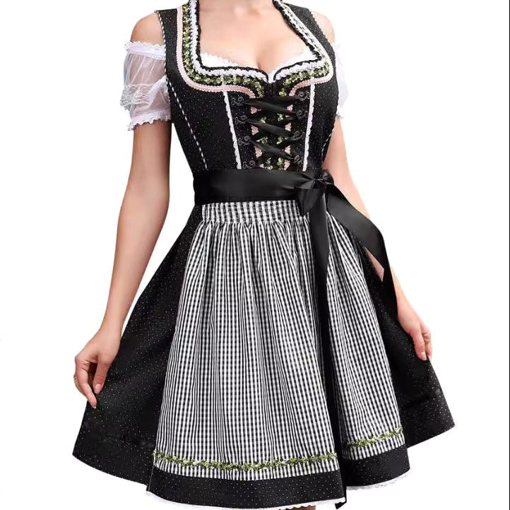 Poppy | Women's Bavarian Check Dress with Lace Corset Detail, Midi Oktoberfest Dress | Bella Blue