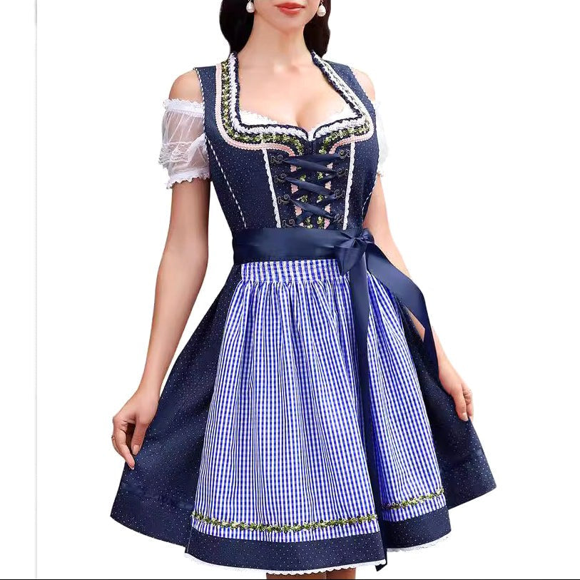 Poppy | Women's Bavarian Check Dress with Lace Corset Detail, Midi Oktoberfest Dress | Bella Blue