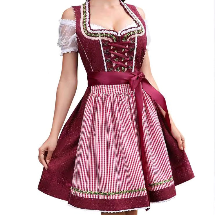 Poppy | Women's Bavarian Check Dress with Lace Corset Detail, Midi Oktoberfest Dress | Bella Blue
