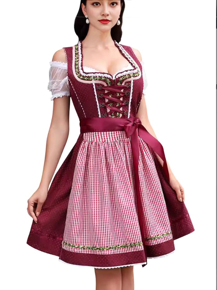 Poppy | Women's Bavarian Check Dress with Lace Corset Detail, Midi Oktoberfest Dress | Bella Blue