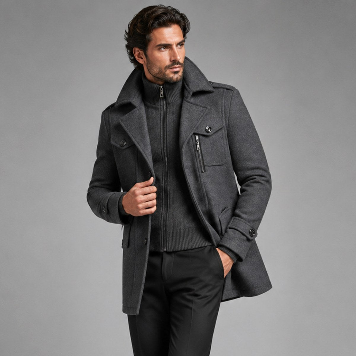 Preston | Men's Double Collar Wool Trench Coat, Tailored Business Coat | Bella Blue
