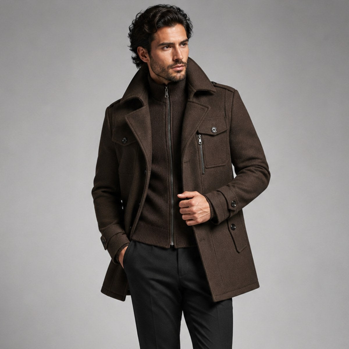 Preston | Men's Double Collar Wool Trench Coat, Tailored Business Coat | Bella Blue