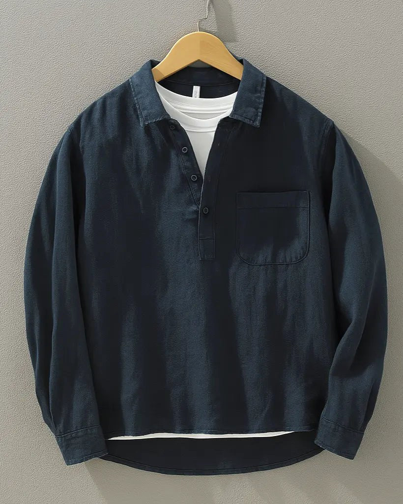 Rory | Men's Cotton-Linen Popover Shirt, Half-Button Relaxed Shirt | Bella Blue | Navy