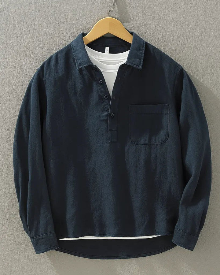 Rory | Men's Cotton-Linen Popover Shirt, Half-Button Relaxed Shirt | Bella Blue | Navy