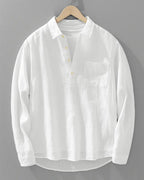 Rory | Men's Cotton-Linen Popover Shirt, Half-Button Relaxed Shirt | Bella Blue | White