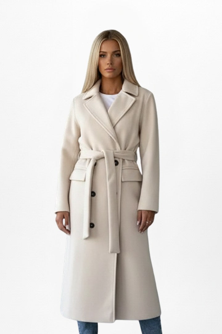 Roseline | Women's Double-Breasted Long Coat, Tailored Autumn Coat | Bella Blue | Beige