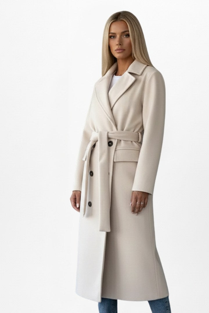 Roseline | Women's Double-Breasted Long Coat, Tailored Autumn Coat | Bella Blue | Brown
