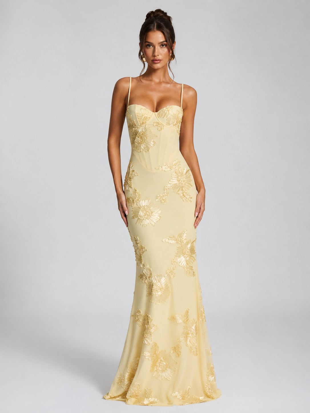 Rosie | Women's Floral Corset Maxi Dress, Sculpted Occasion Dress | Bella Blue | Yellow