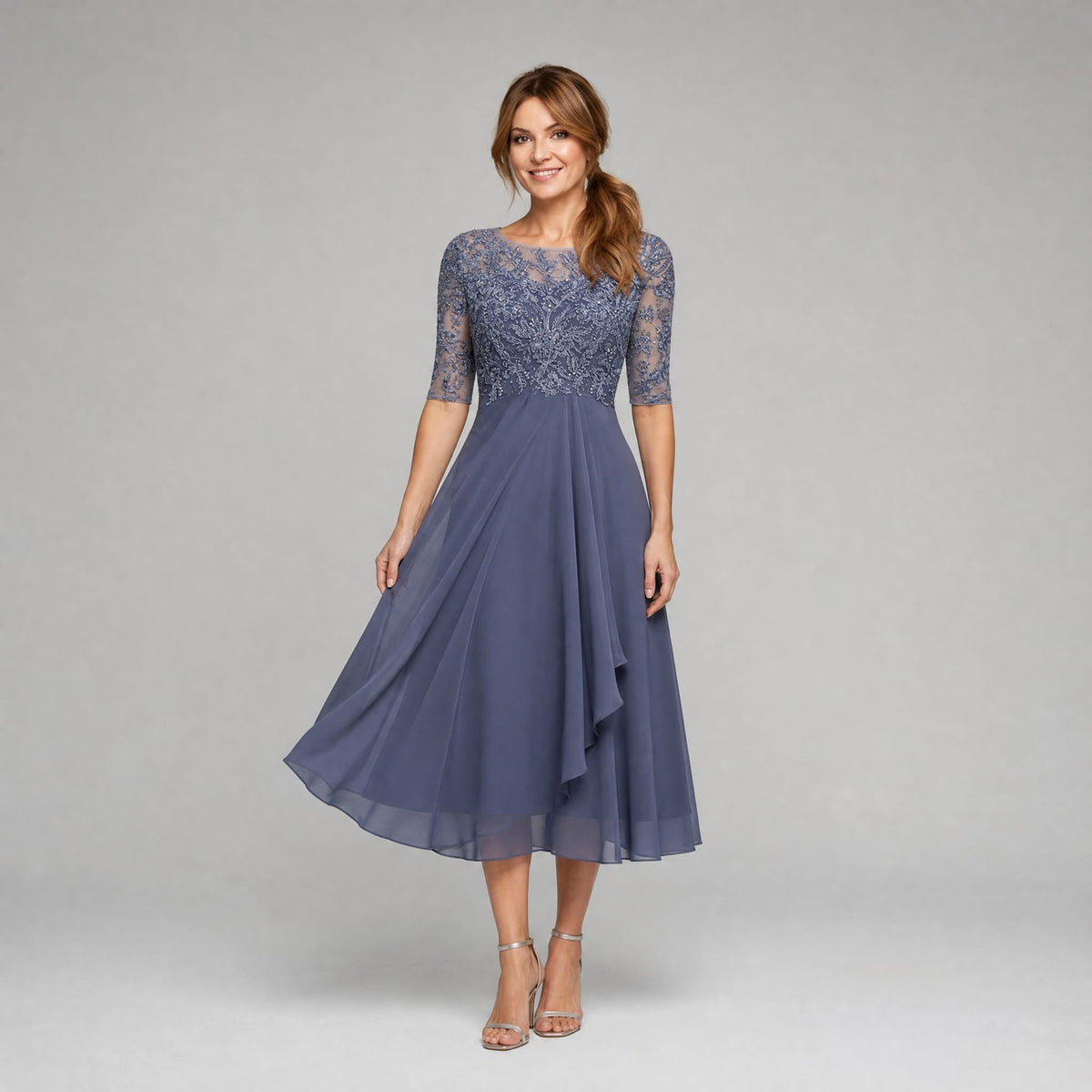 Ruby | Women's Lace Midi Dress with Floral Embroidery, Layered Midi Dress | Bella Blue
