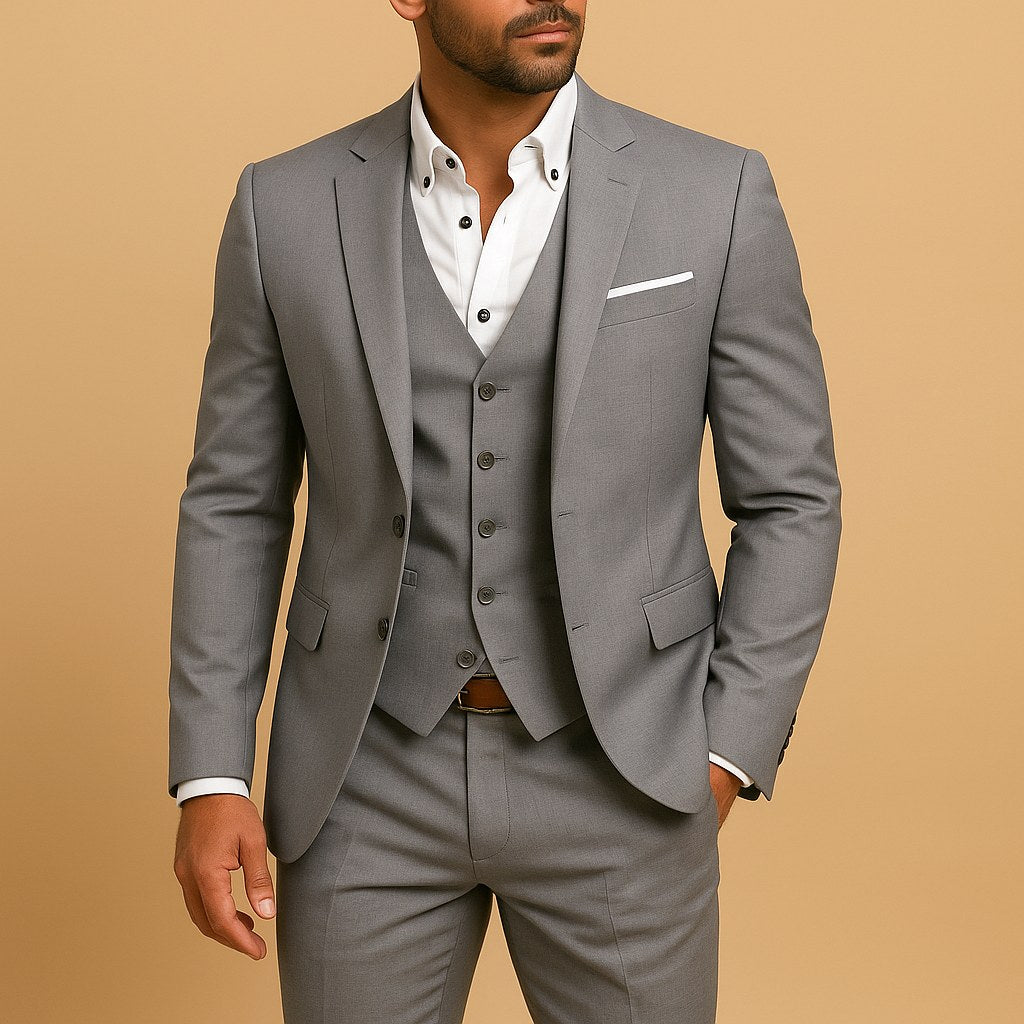 Ryan | Men's Slim Fit Three-Piece Suit with Waistcoat, Tailored Trouser Suit | Bella Blue | Grey