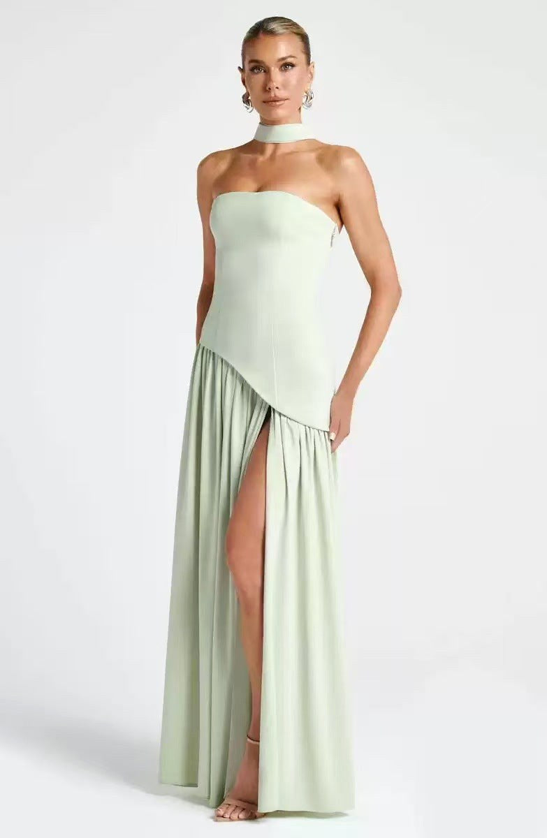 Sabine | Women's Strapless Maxi Dress with Leg Split, Formal Wedding Guest Dress | Bella Blue
