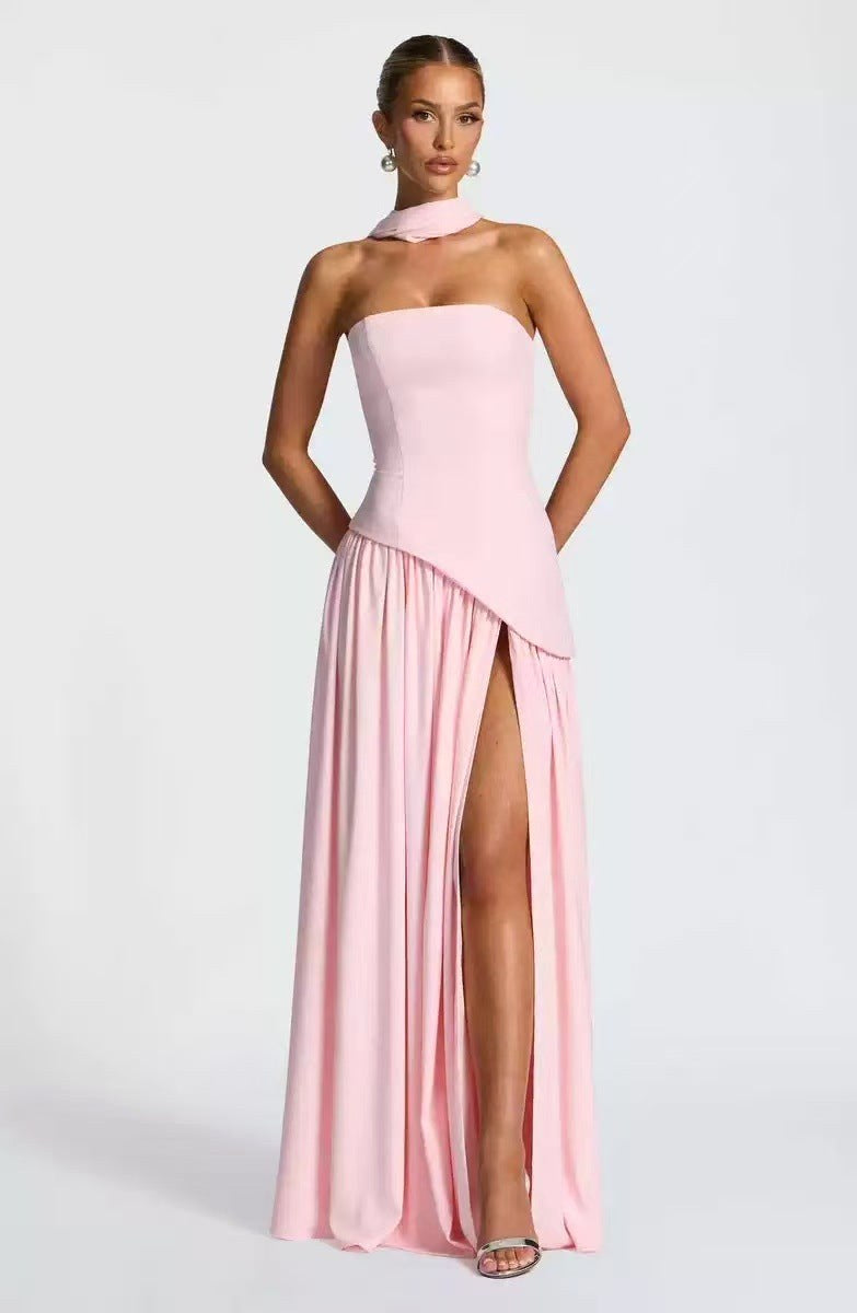 Sabine | Women's Strapless Maxi Dress with Leg Split, Formal Wedding Guest Dress | Bella Blue
