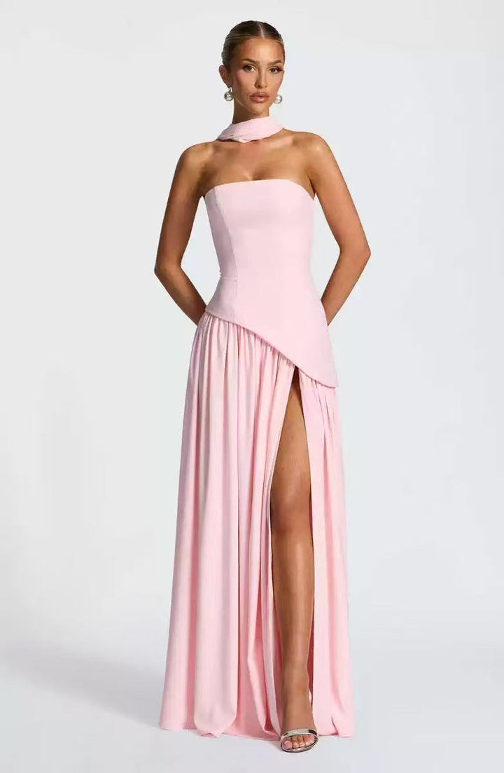 Sabine | Women's Strapless Maxi Dress with Leg Split, Formal Wedding Guest Dress | Bella Blue