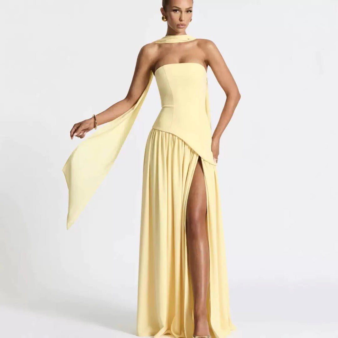 Sabine | Women's Strapless Maxi Dress with Leg Split, Formal Wedding Guest Dress | Bella Blue