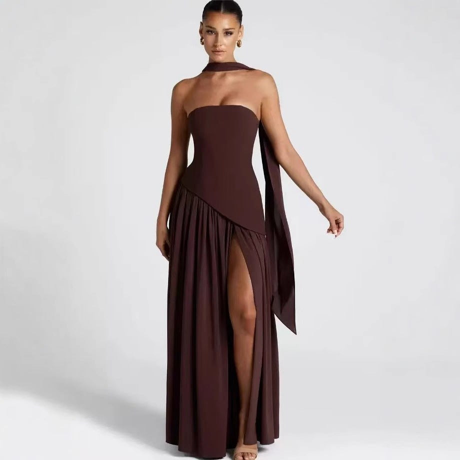 Sabine | Women's Strapless Maxi Dress with Leg Split, Formal Wedding Guest Dress | Bella Blue | Red