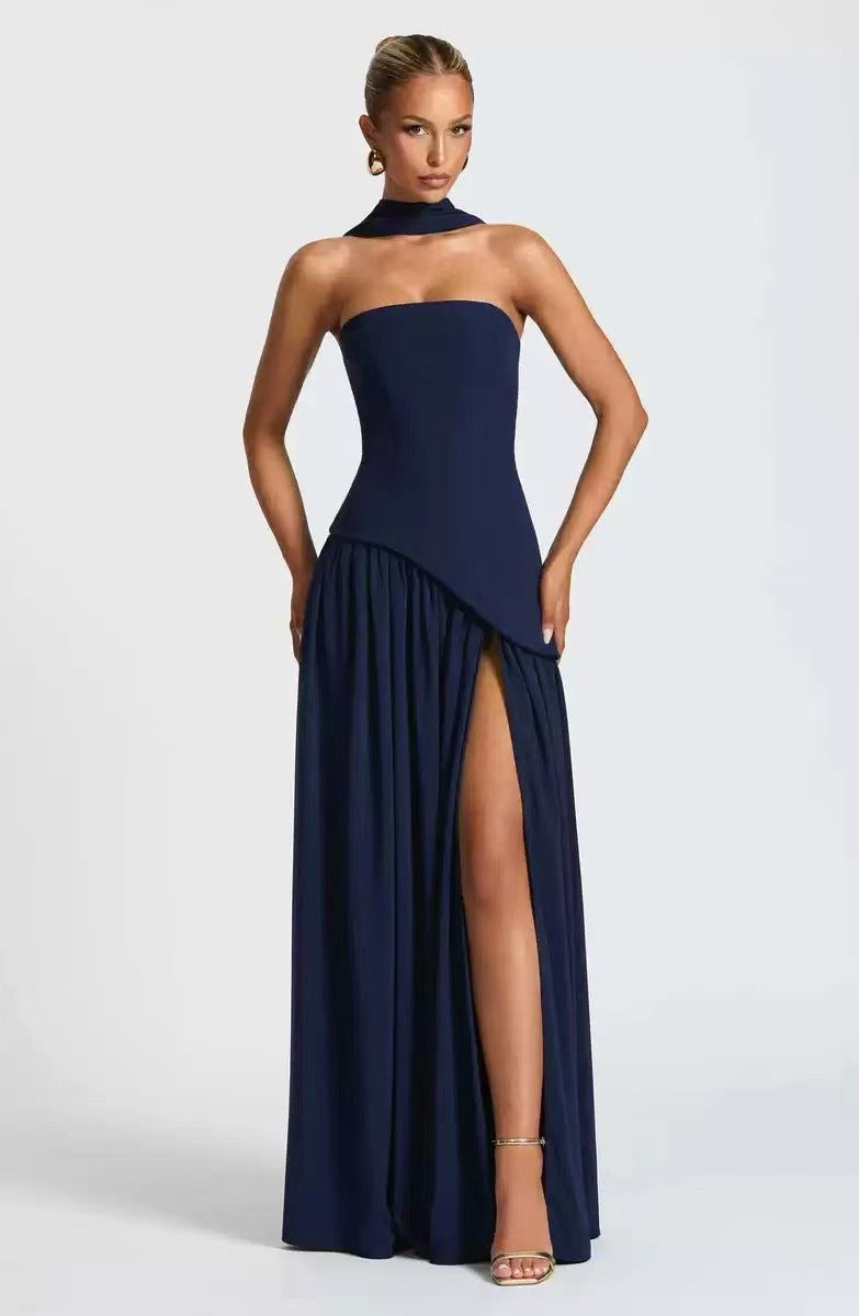 Sabine | Women's Strapless Maxi Dress with Leg Split, Formal Wedding Guest Dress | Bella Blue | Dark blue