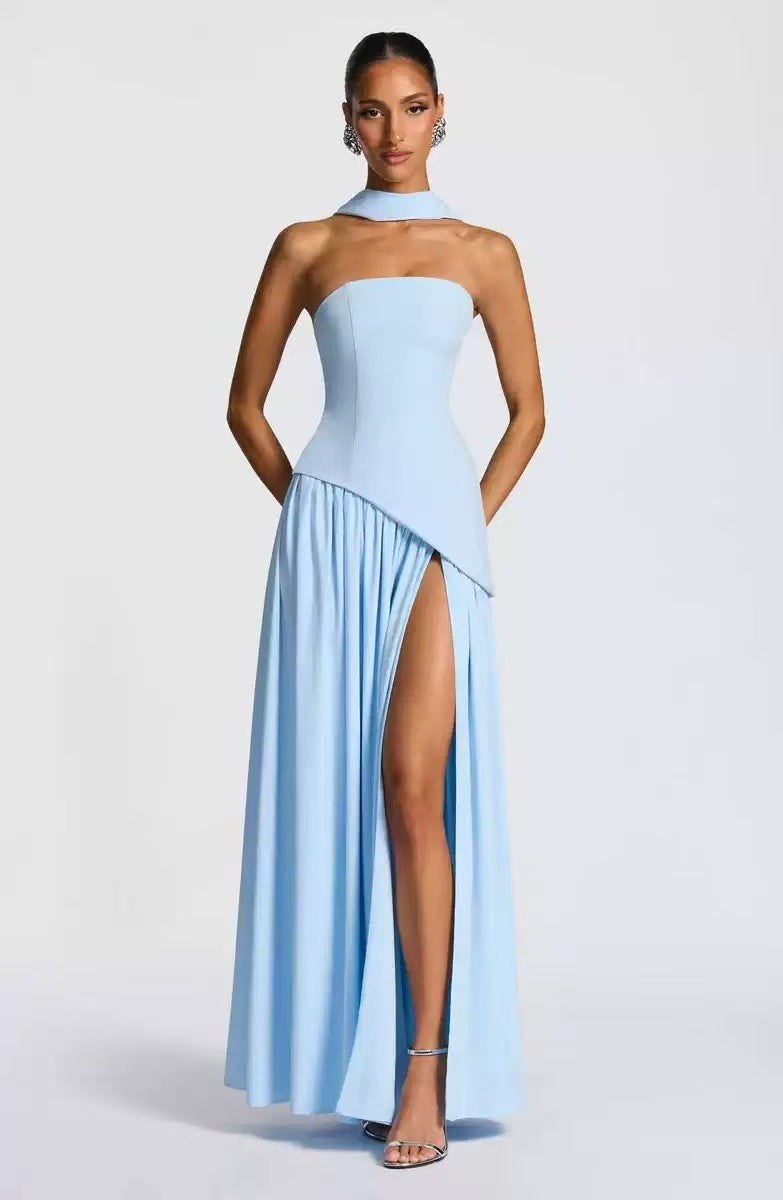 Sabine | Women's Strapless Maxi Dress with Leg Split, Formal Wedding Guest Dress | Bella Blue | Brown