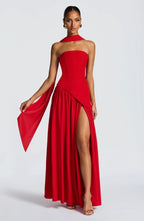 Sabine | Women's Strapless Maxi Dress with Leg Split, Formal Wedding Guest Dress | Bella Blue | Yellow