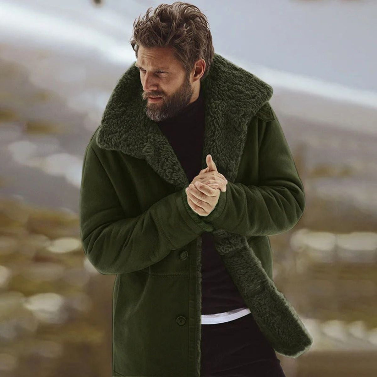 Sawyer | Men's Shearling Collar Overcoat, Tailored Winter Coat | Bella Blue