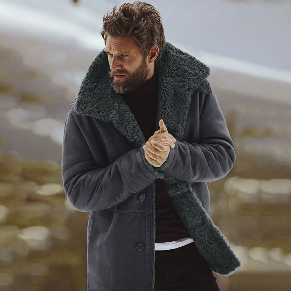 Sawyer | Men's Shearling Collar Overcoat, Tailored Winter Coat | Bella Blue