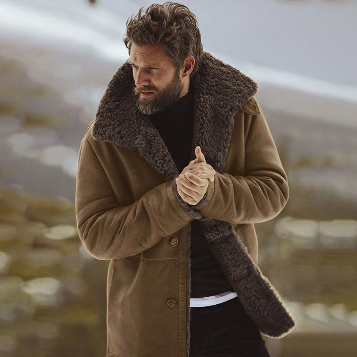 Sawyer | Men's Shearling Collar Overcoat, Tailored Winter Coat | Bella Blue