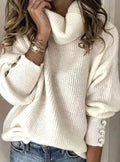 Scarlett | Women's Ribbed Knit Jumper with Cowl Collar and Cuff Buttons, Structured Knit Jumper | Bella Blue | White
