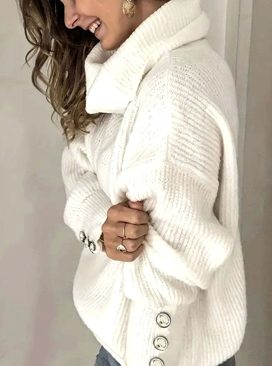 Scarlett | Women's Ribbed Knit Jumper with Cowl Collar and Cuff Buttons, Structured Knit Jumper | Bella Blue | White