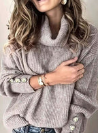 Scarlett | Women's Ribbed Knit Jumper with Cowl Collar and Cuff Buttons, Structured Knit Jumper | Bella Blue | White