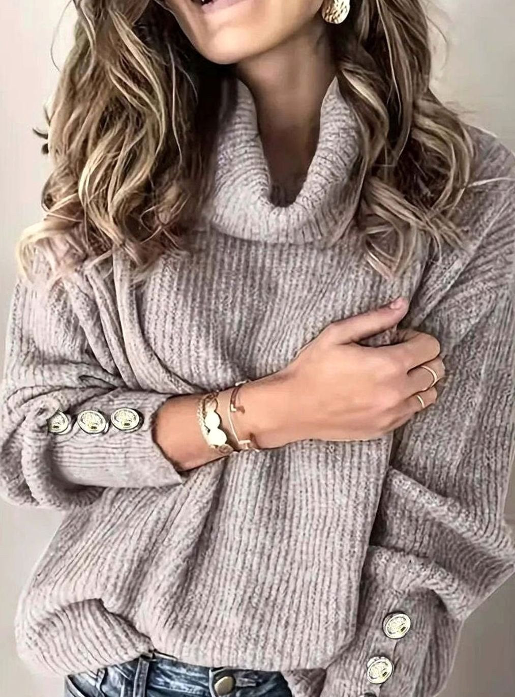 Scarlett | Women's Ribbed Knit Jumper with Cowl Collar and Cuff Buttons, Structured Knit Jumper | Bella Blue | White