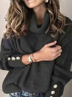 Scarlett | Women's Ribbed Knit Jumper with Cowl Collar and Cuff Buttons, Structured Knit Jumper | Bella Blue | White