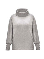 Scarlett | Women's Ribbed Knit Jumper with Cowl Collar and Cuff Buttons, Structured Knit Jumper | Bella Blue | White