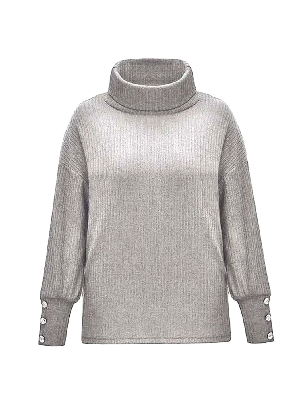 Scarlett | Women's Ribbed Knit Jumper with Cowl Collar and Cuff Buttons, Structured Knit Jumper | Bella Blue | White