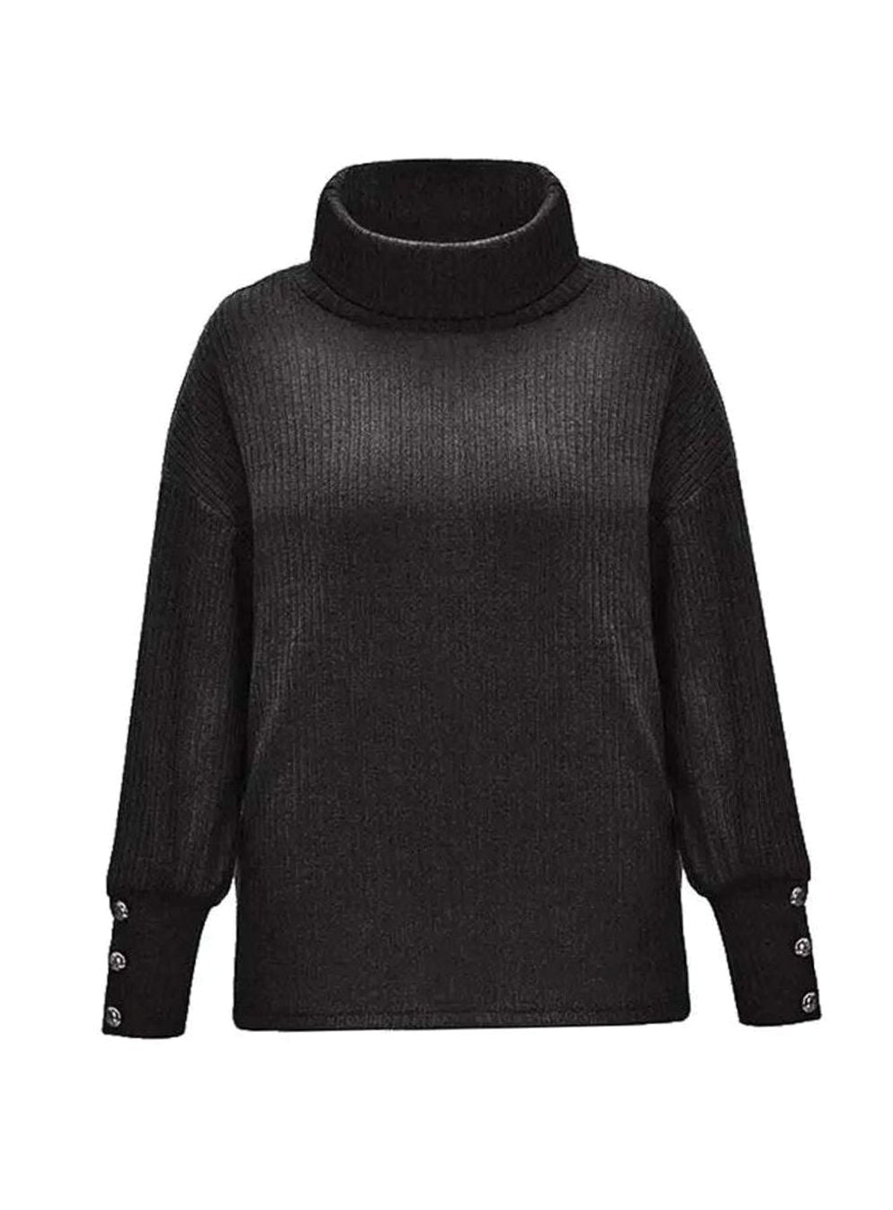 Scarlett | Women's Ribbed Knit Jumper with Cowl Collar and Cuff Buttons, Structured Knit Jumper | Bella Blue | Grey