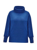 Scarlett | Women's Ribbed Knit Jumper with Cowl Collar and Cuff Buttons, Structured Knit Jumper | Bella Blue | Grey