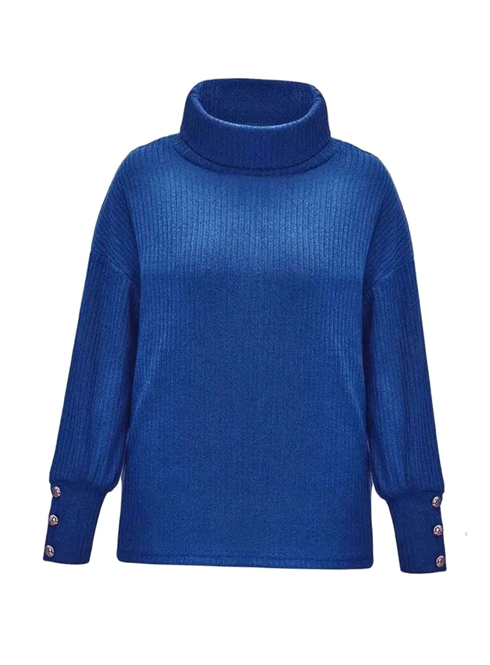 Scarlett | Women's Ribbed Knit Jumper with Cowl Collar and Cuff Buttons, Structured Knit Jumper | Bella Blue | Grey