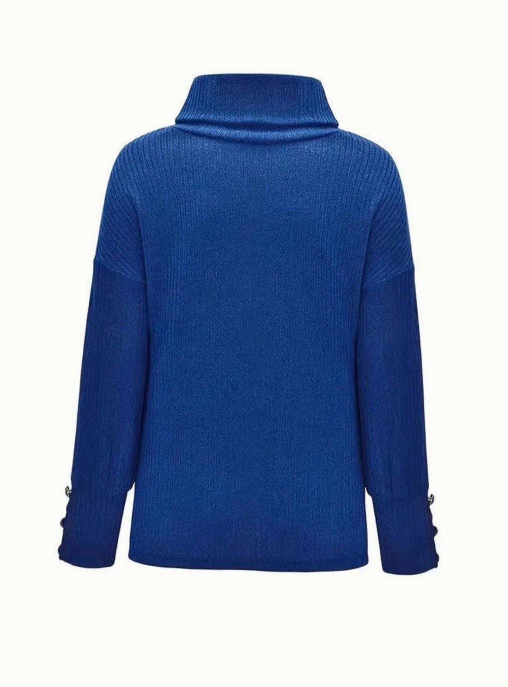 Scarlett | Women's Ribbed Knit Jumper with Cowl Collar and Cuff Buttons, Structured Knit Jumper | Bella Blue | Grey