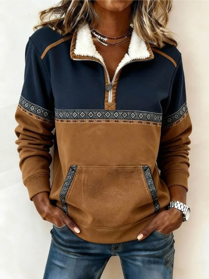 Scarlett | Women's Ethnic-Print Hooded Jumper, Colour-Block Autumn Sweatshirt | Bella Blue