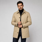 Scott | Men's Tailored Longline Coat, Button Front Overcoat | Bella Blue | Beige