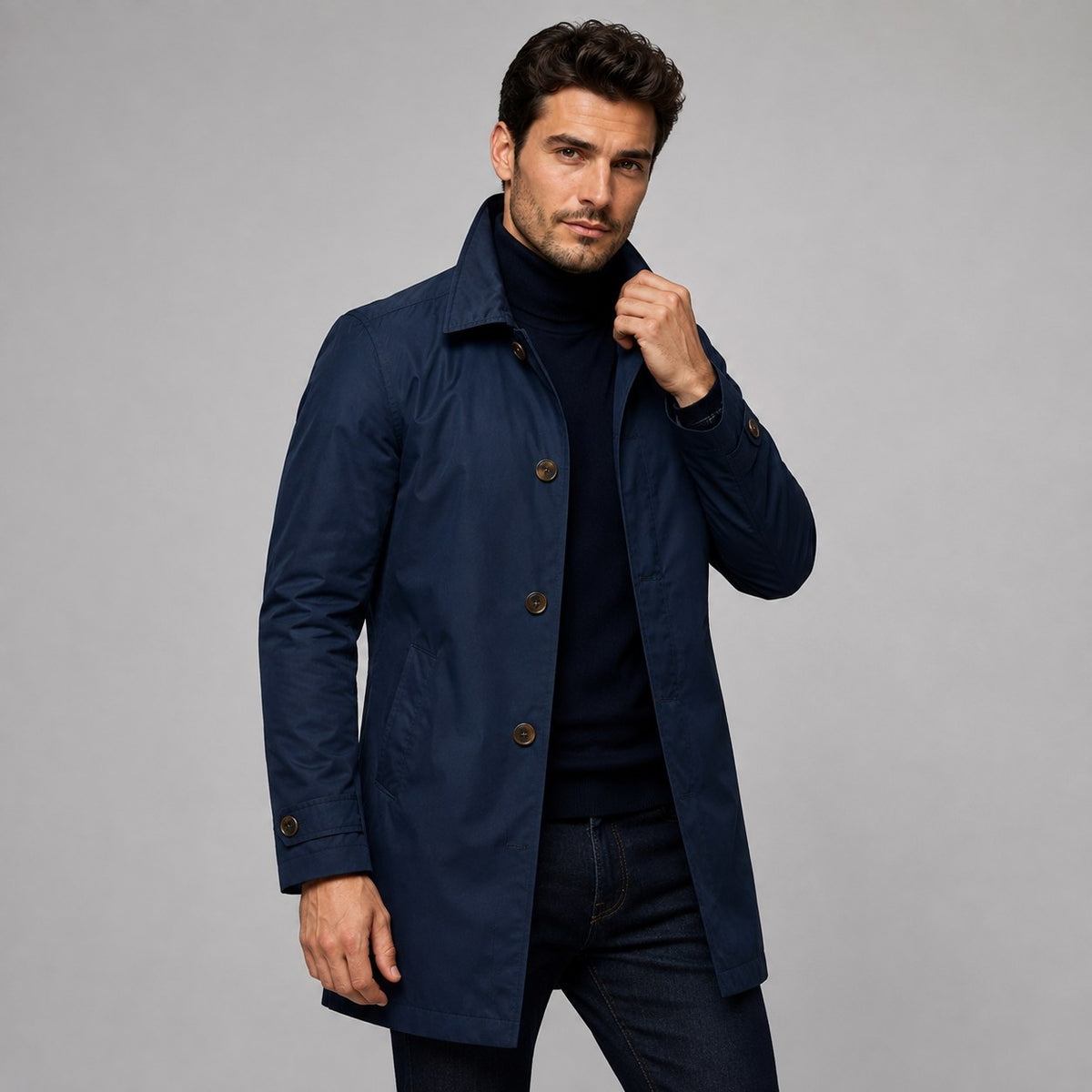 Scott | Men's Tailored Longline Coat, Button Front Overcoat | Bella Blue | Navy