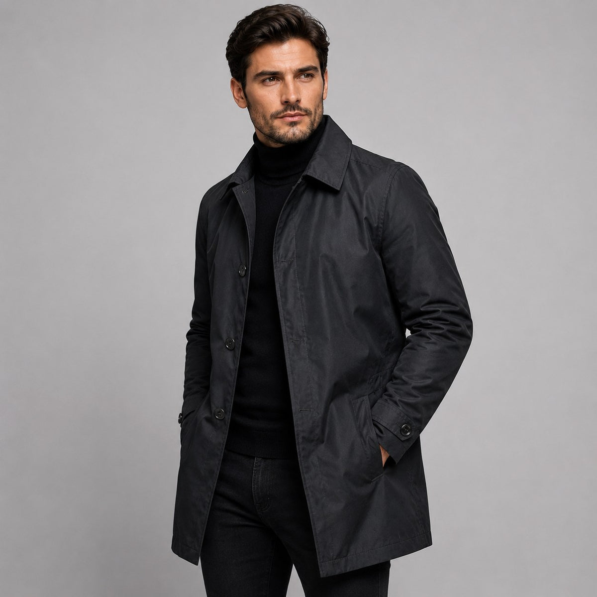 Scott | Men's Tailored Longline Coat, Button Front Overcoat | Bella Blue | Black