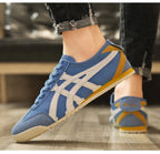 Sebastian | Men's Retro Trainers with Contrast Stripes and Suede Accents, Vintage Running Trainers | Bella Blue | Orange