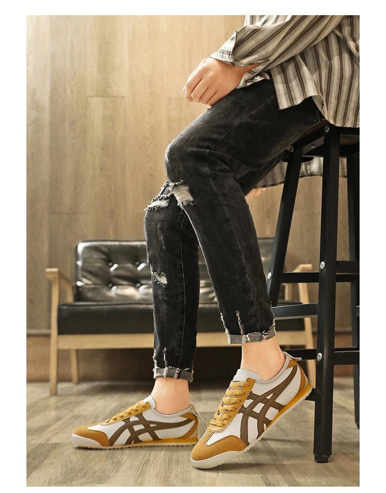 Sebastian | Men's Retro Trainers with Contrast Stripes and Suede Accents, Vintage Running Trainers | Bella Blue | Yellow