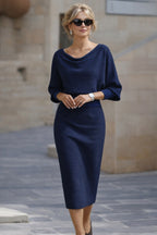 Serena | Women's Midi Dress with Round Neckline, Flowing Draped Midi Dress | Bella Blue
