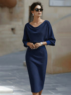 Serena | Women's Midi Dress with Round Neckline, Flowing Draped Midi Dress | Bella Blue