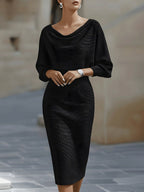Serena | Women's Midi Dress with Round Neckline, Flowing Draped Midi Dress | Bella Blue