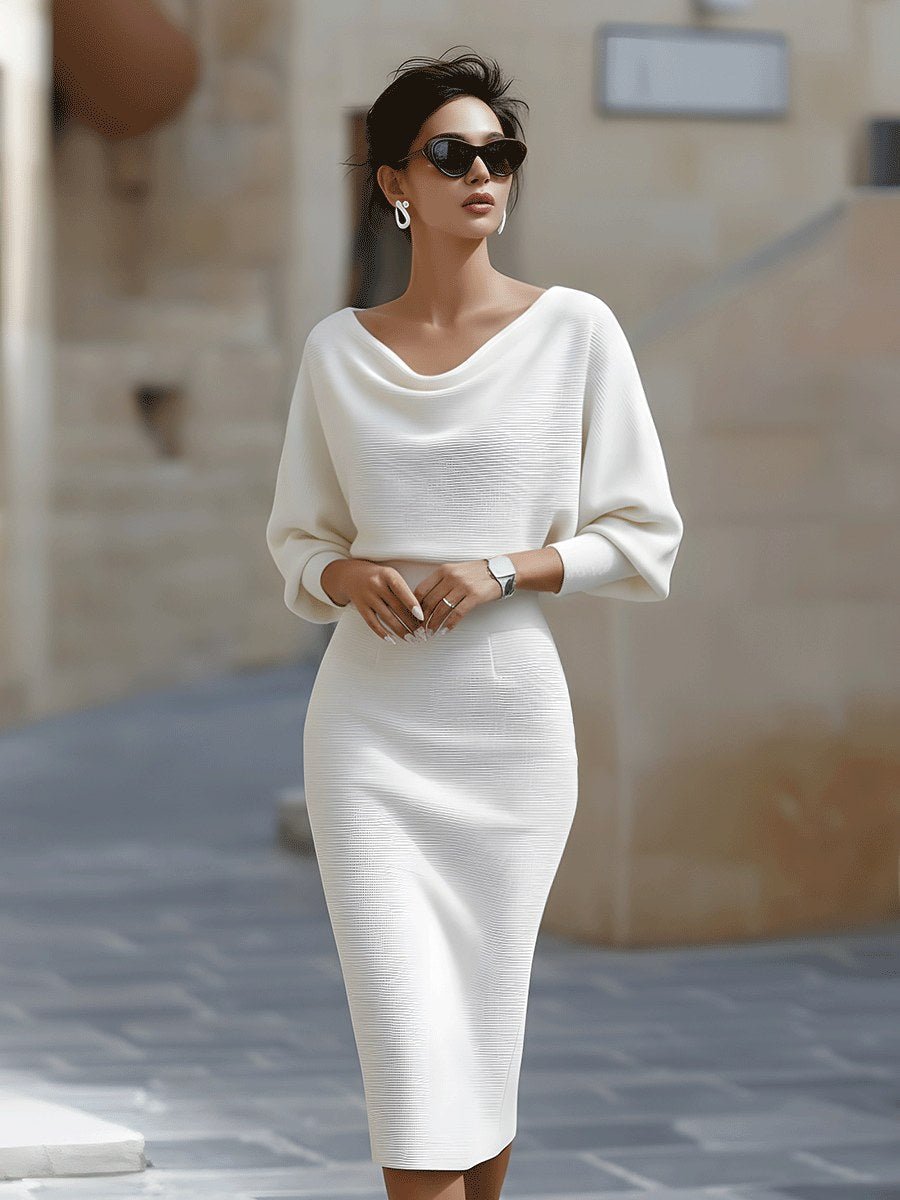 Serena | Women's Midi Dress with Round Neckline, Flowing Draped Midi Dress | Bella Blue
