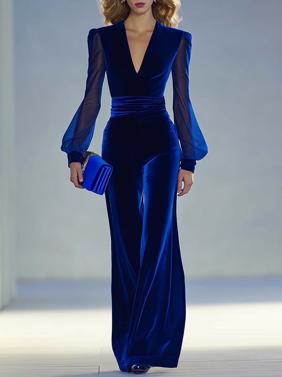 Sienna | Women's Deep V-Neck Jumpsuit with Ruched Detail, Wide-Leg Occasion Jumpsuit | Bella Blue