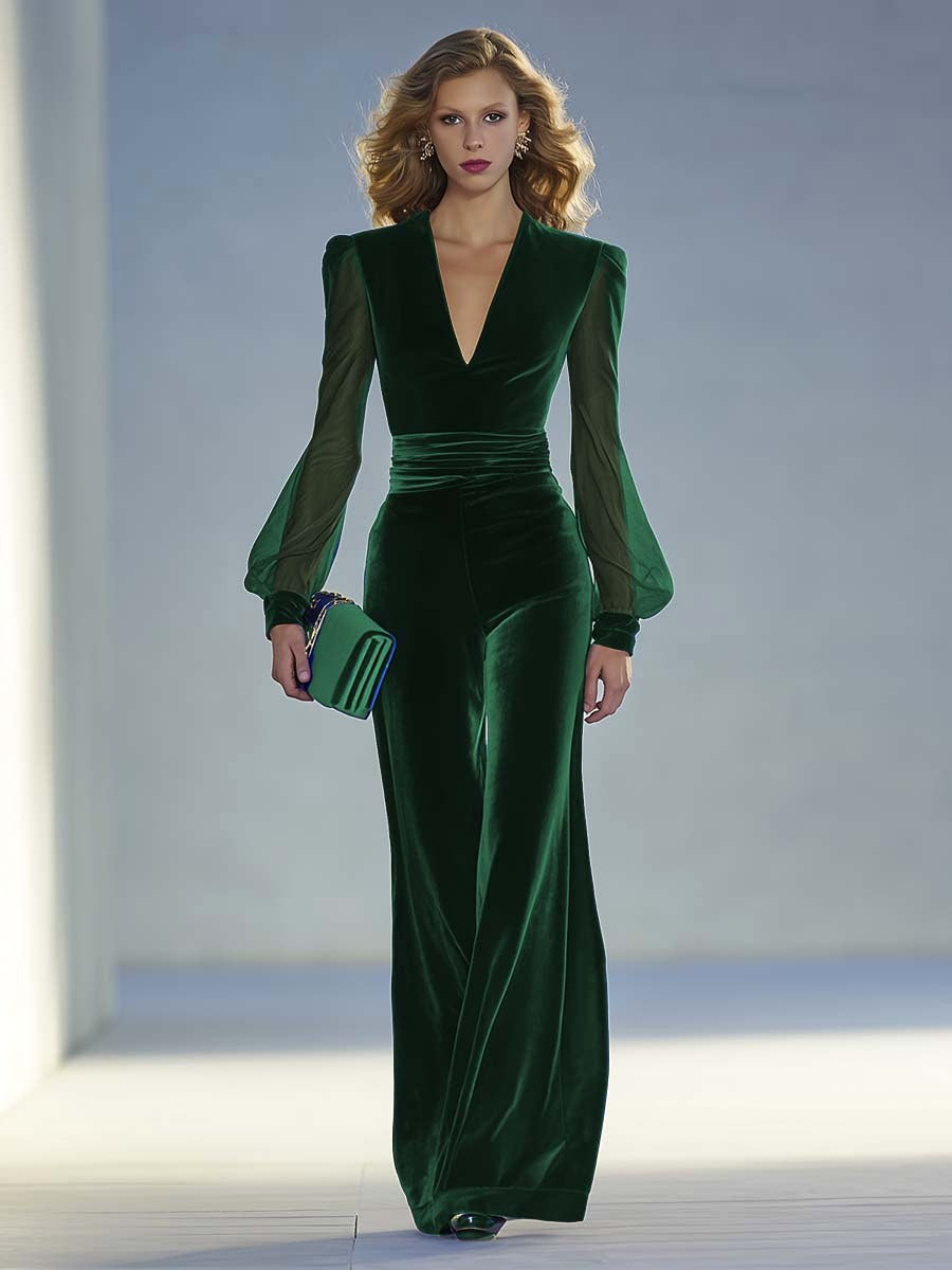 Sienna | Women's Deep V-Neck Jumpsuit with Ruched Detail, Wide-Leg Occasion Jumpsuit | Bella Blue