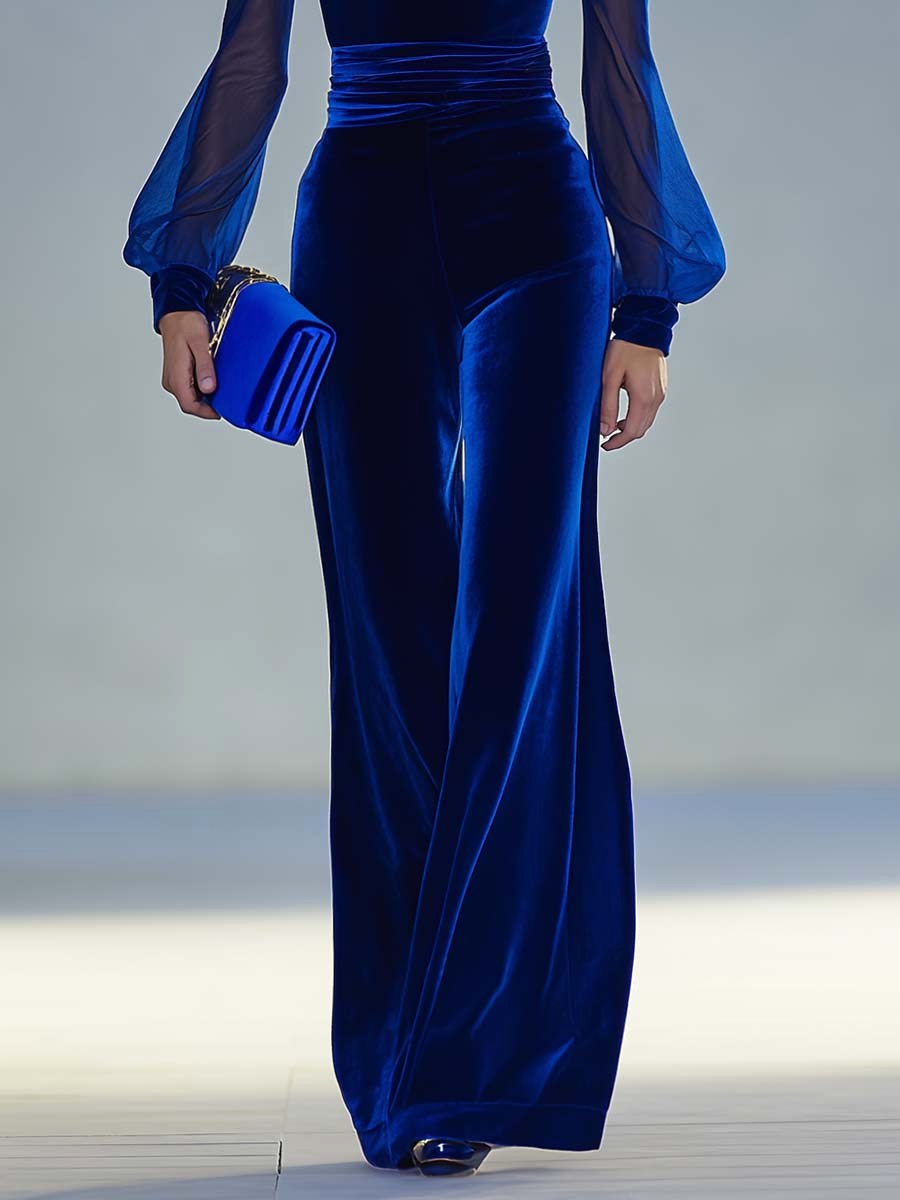 Sienna | Women's Deep V-Neck Jumpsuit with Ruched Detail, Wide-Leg Occasion Jumpsuit | Bella Blue